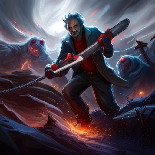 Chainsaw Warrior Fighting Demons: Fantasy Concept Art