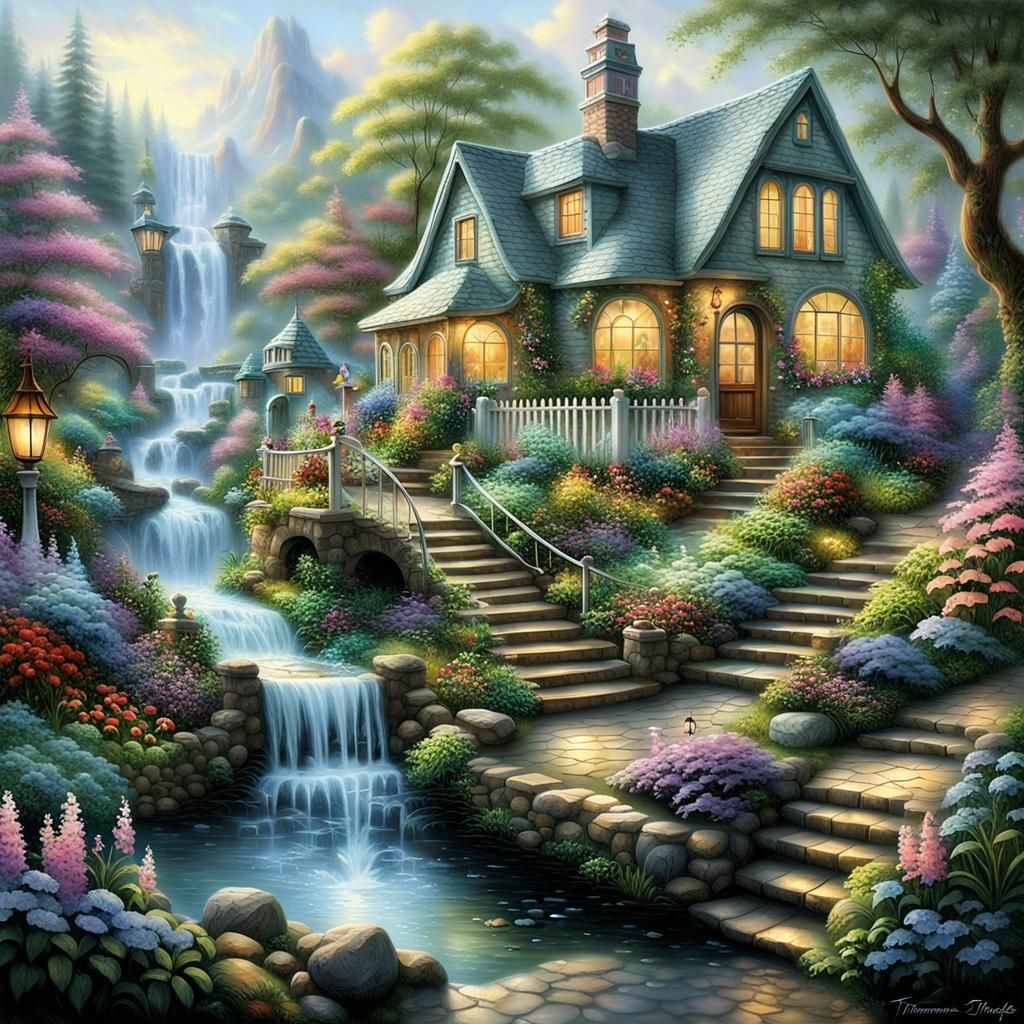 Magical Gnome Waterfall Garden in Ethereal Fantasy Style