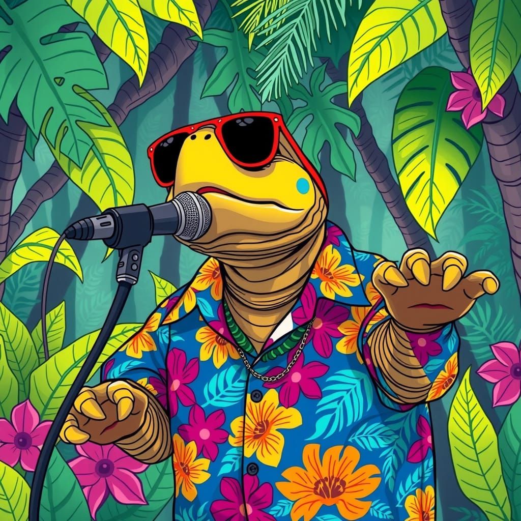 Singing Turtle in Tropical Forest Art Style