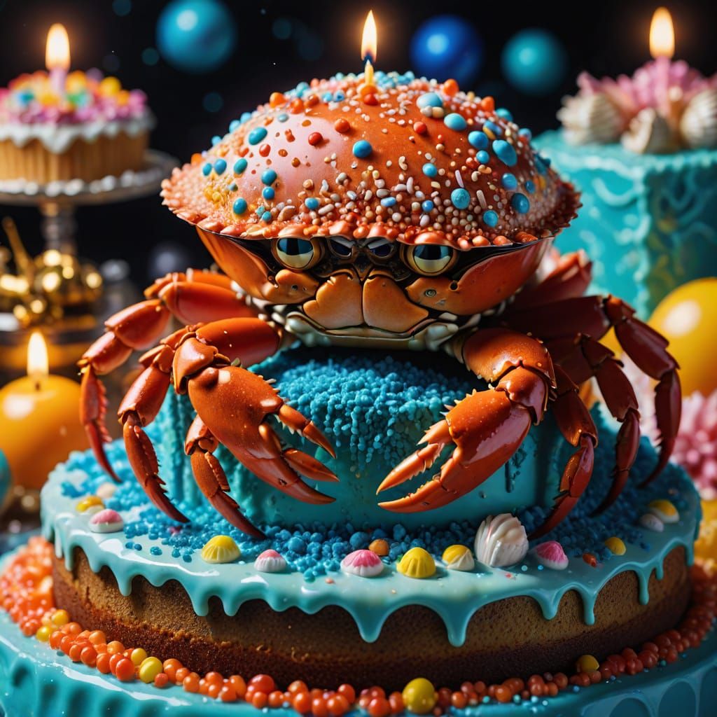 Surreal Crab with Birthday Cake Shell in Vibrant Colors