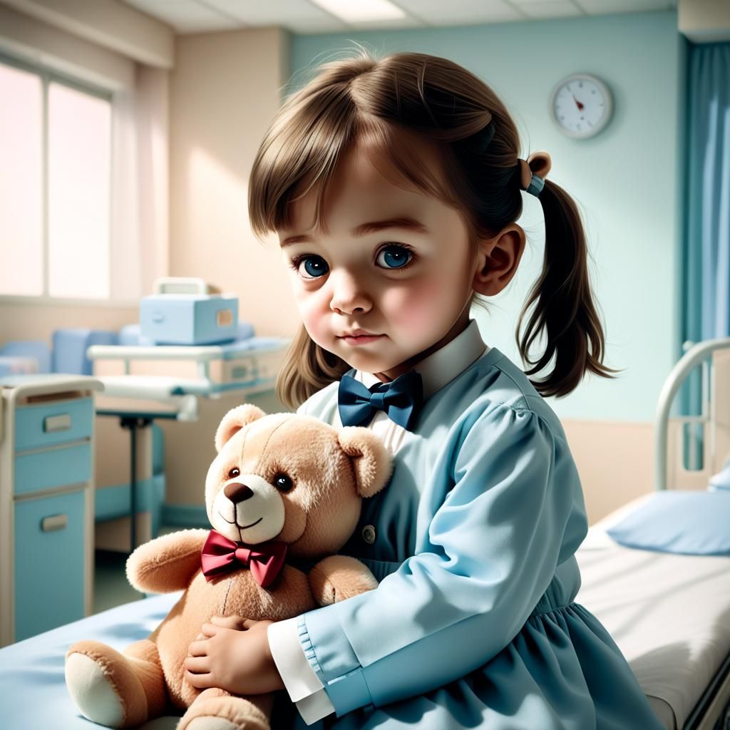 Child Comforted by Teddy Bear in Hospital Room