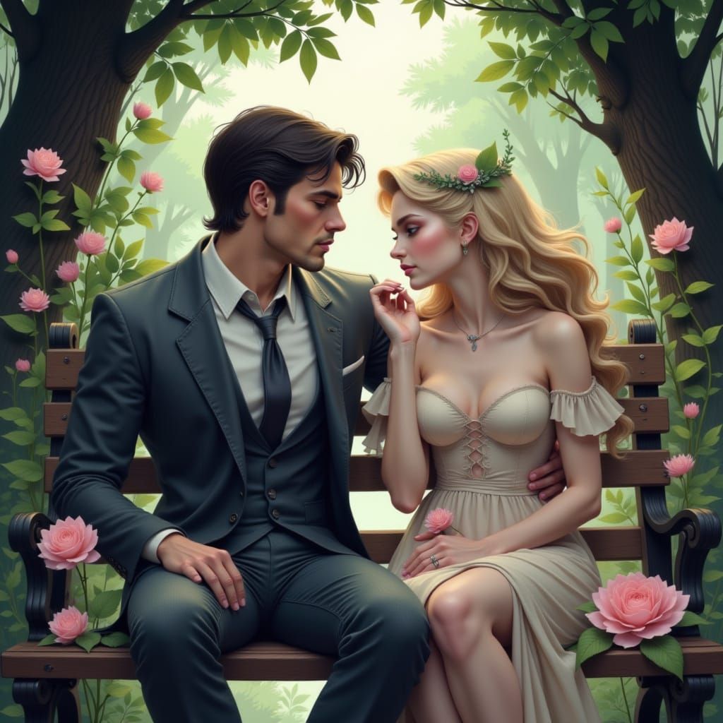 Fantasy Lovers on a Park Bench