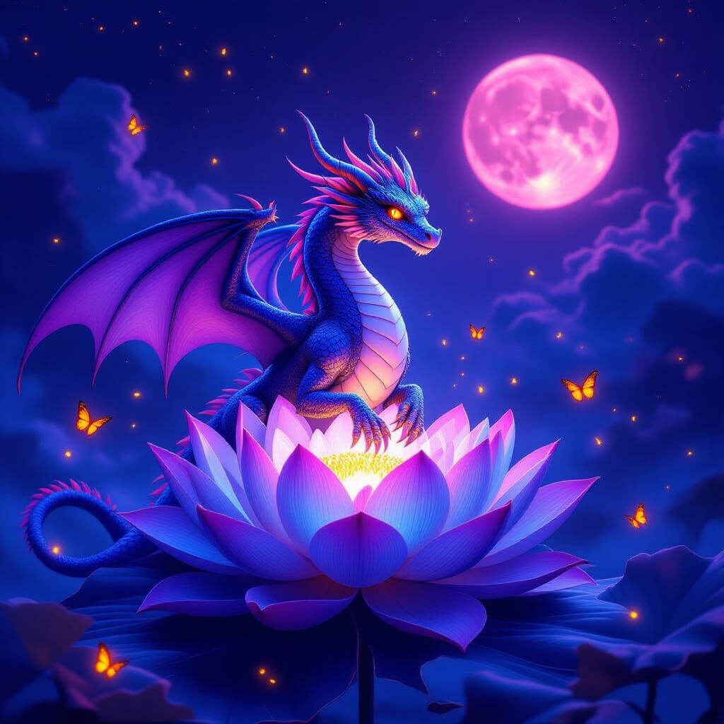 Majestic Dragon on Glowing Lotus in Dreamy Fantasy Landscape