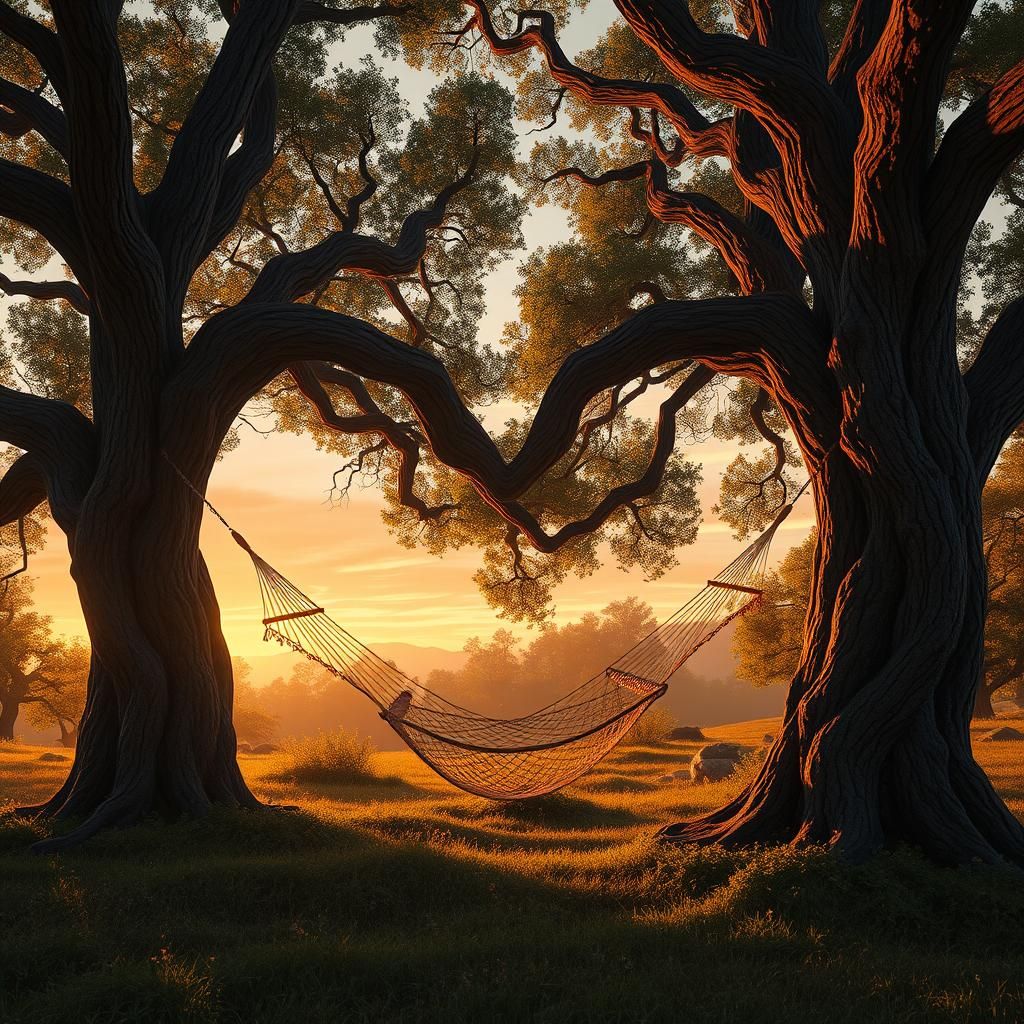 Heart-Shaped Sunset Clearing with Hammock, Digital Art