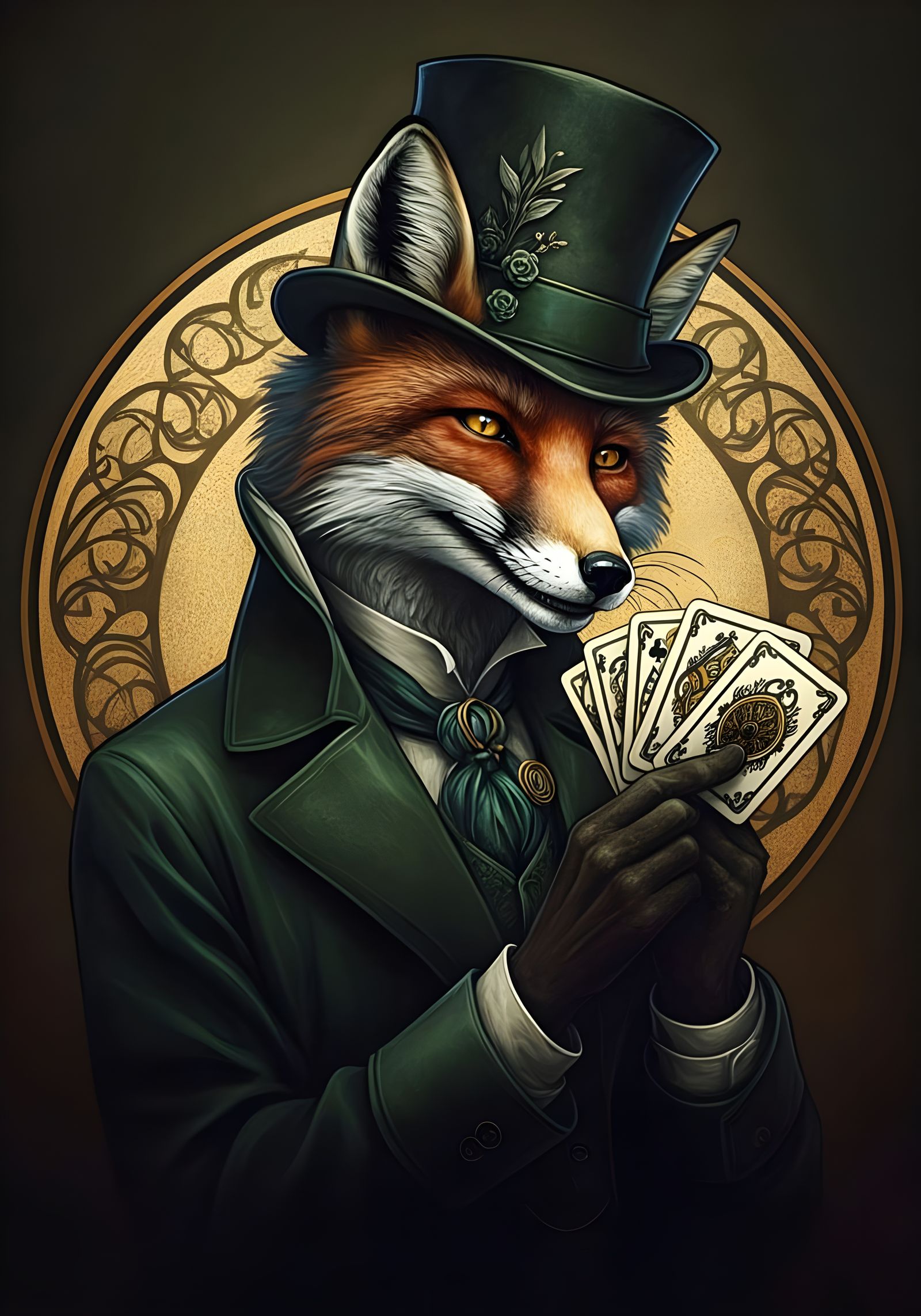Art Nouveau Fox Gambler with Playing Cards
