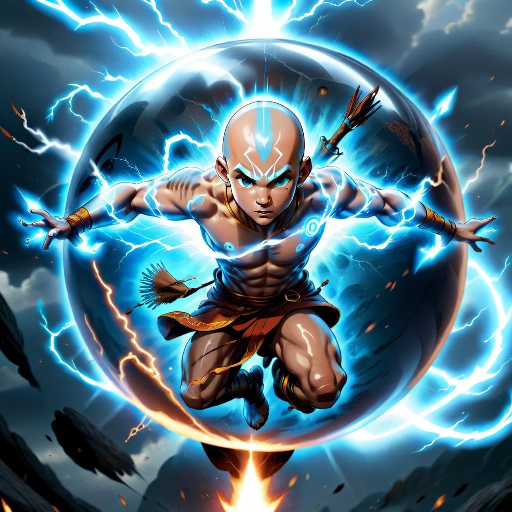 avatar_Aang in avatar_mode with ligthing light blue arrow tatto in forehead, Aang is flying inside of a whind sphere wit...