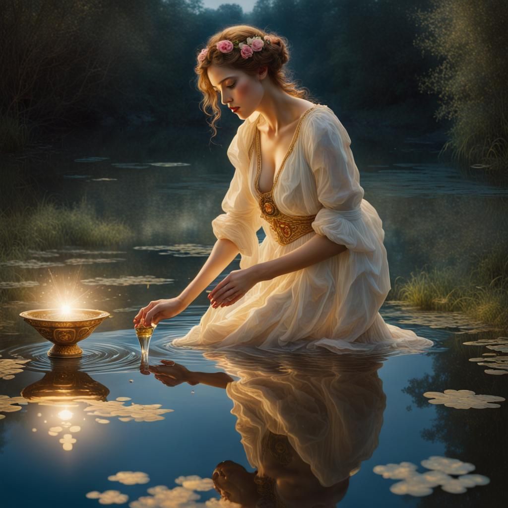 A beautiful surreal photograph of a beautiful woman standing in a pond pouring water from a vase onto the ground a brigh...