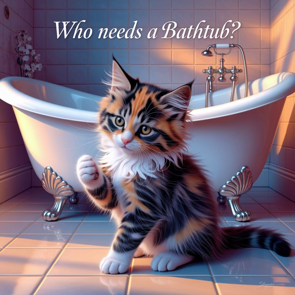 Whimsical Oil Painting of a Calico Kitten Grooming in a Cozy...