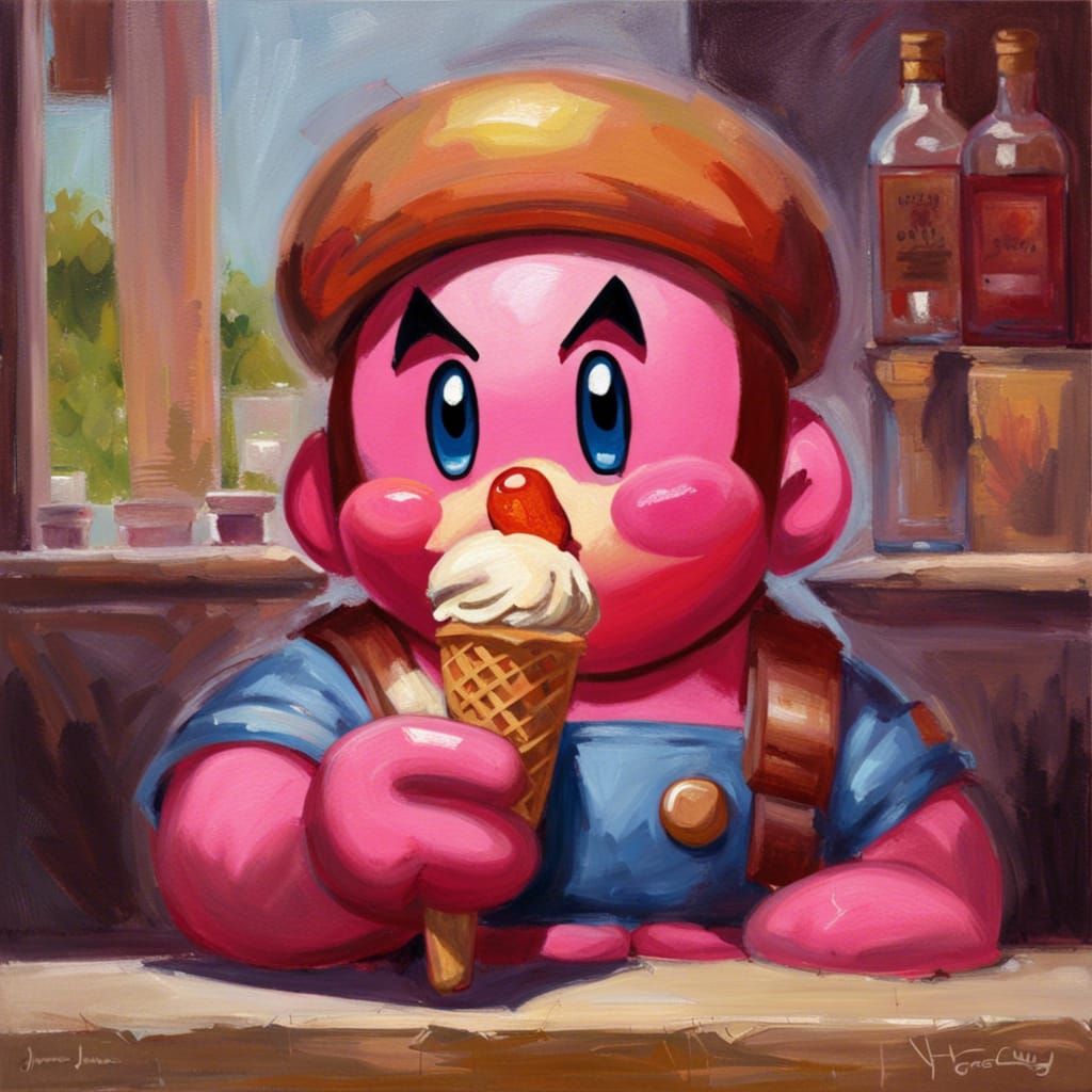 Kirby Enjoys Ice Cream: Oil Painting Style