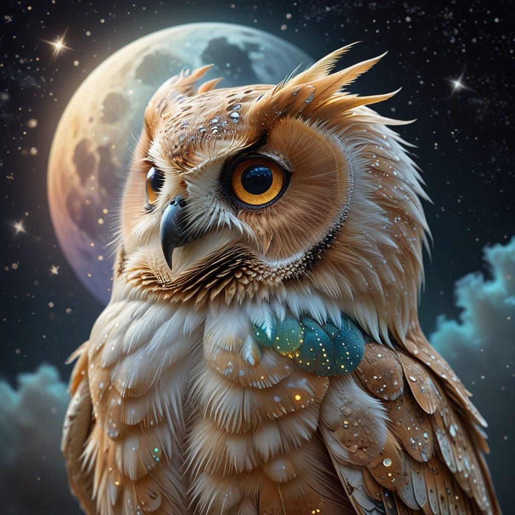 Dreamy Owl on the Moon Fantasy Illustration