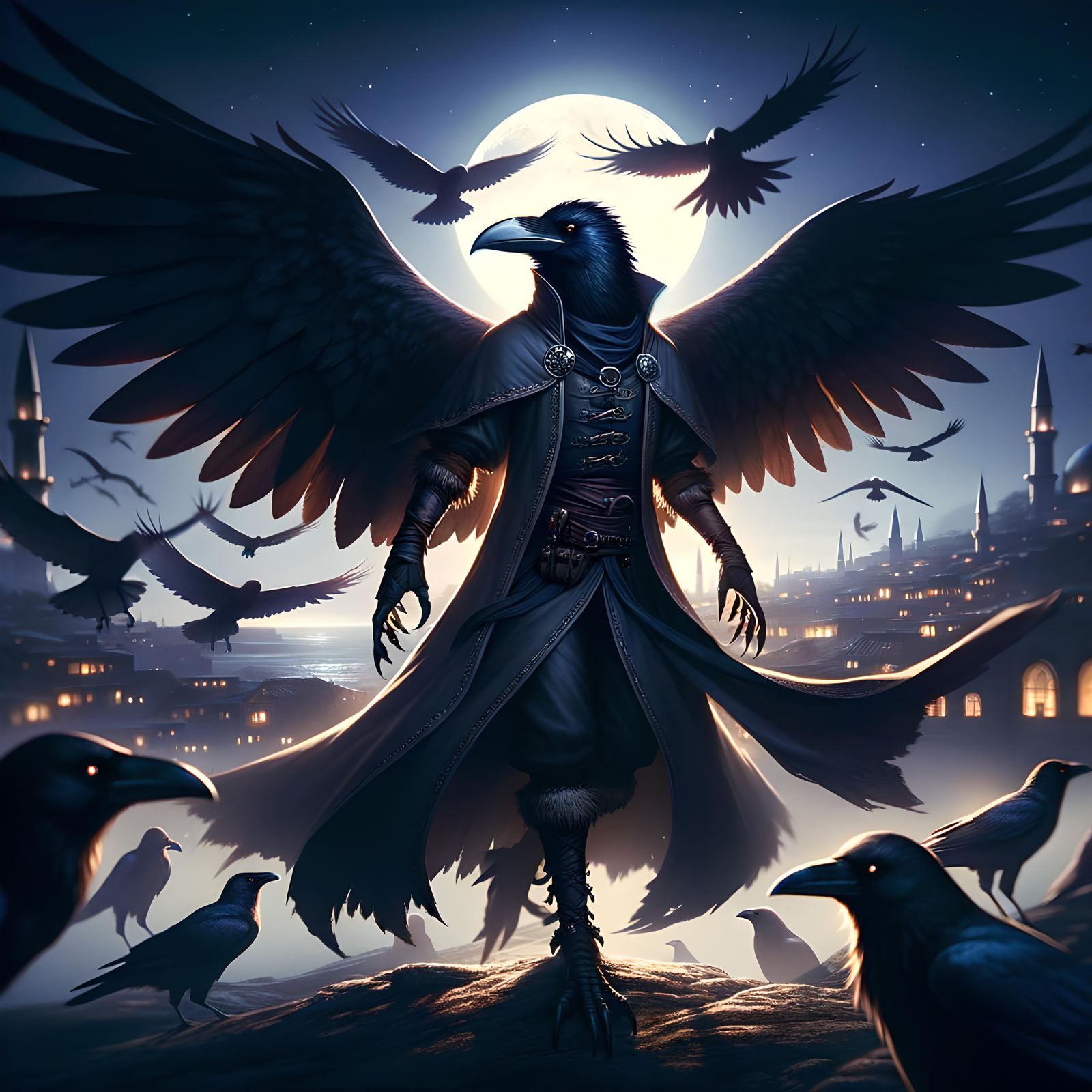 Gothic Crow Aarakocra in Moonlit Cityscape