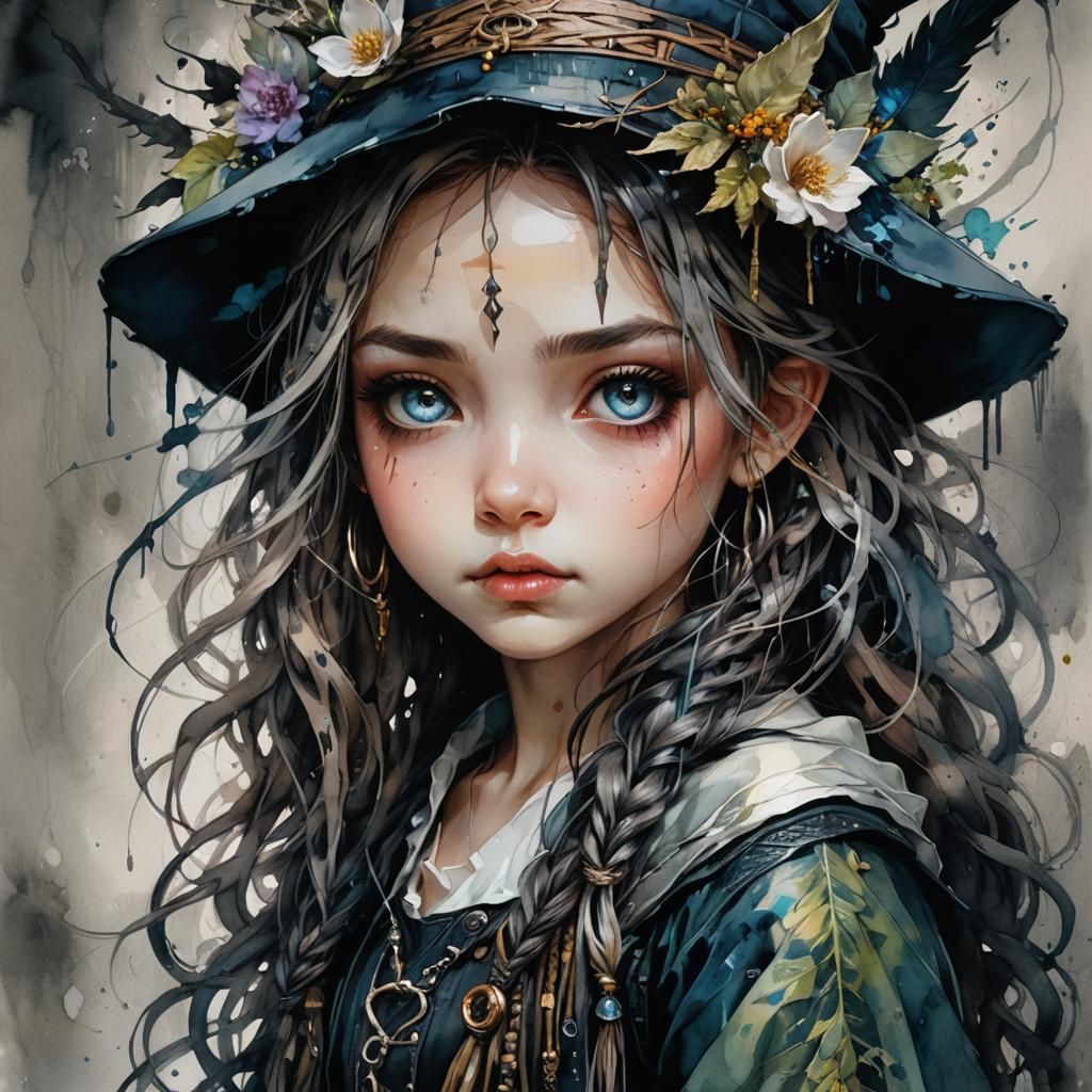 Chibi Witch Fae with Expressive Eyes as Watercolor