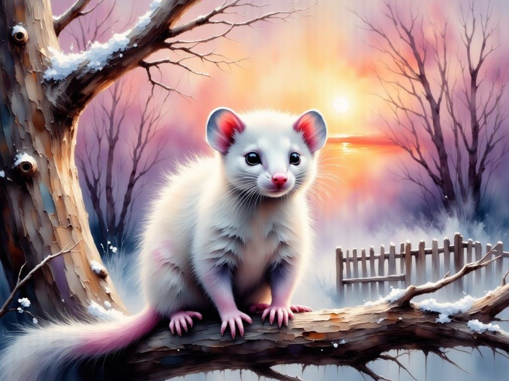 Winter Sunset with Ermine in Impasto Oil Painting Style