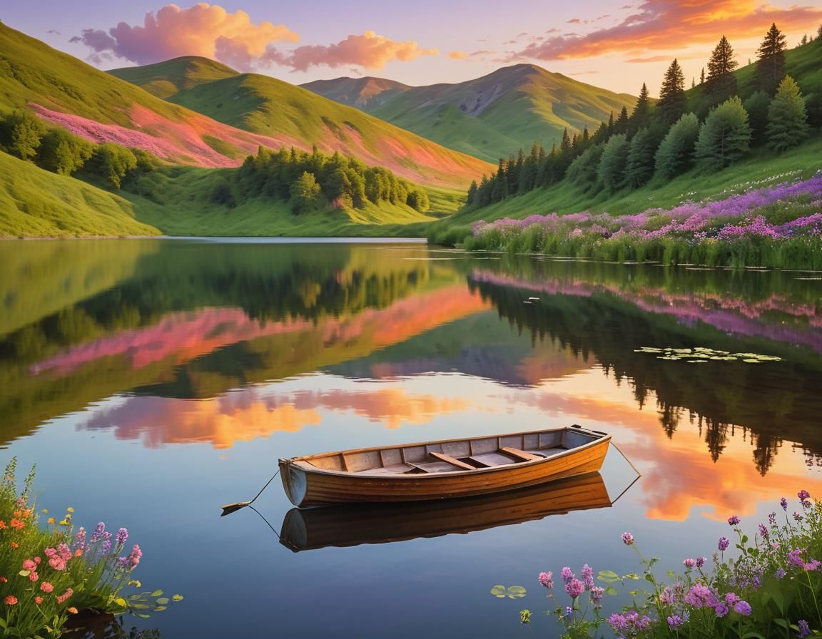 Impressionist Lake at Sunset with Lush Green Hills