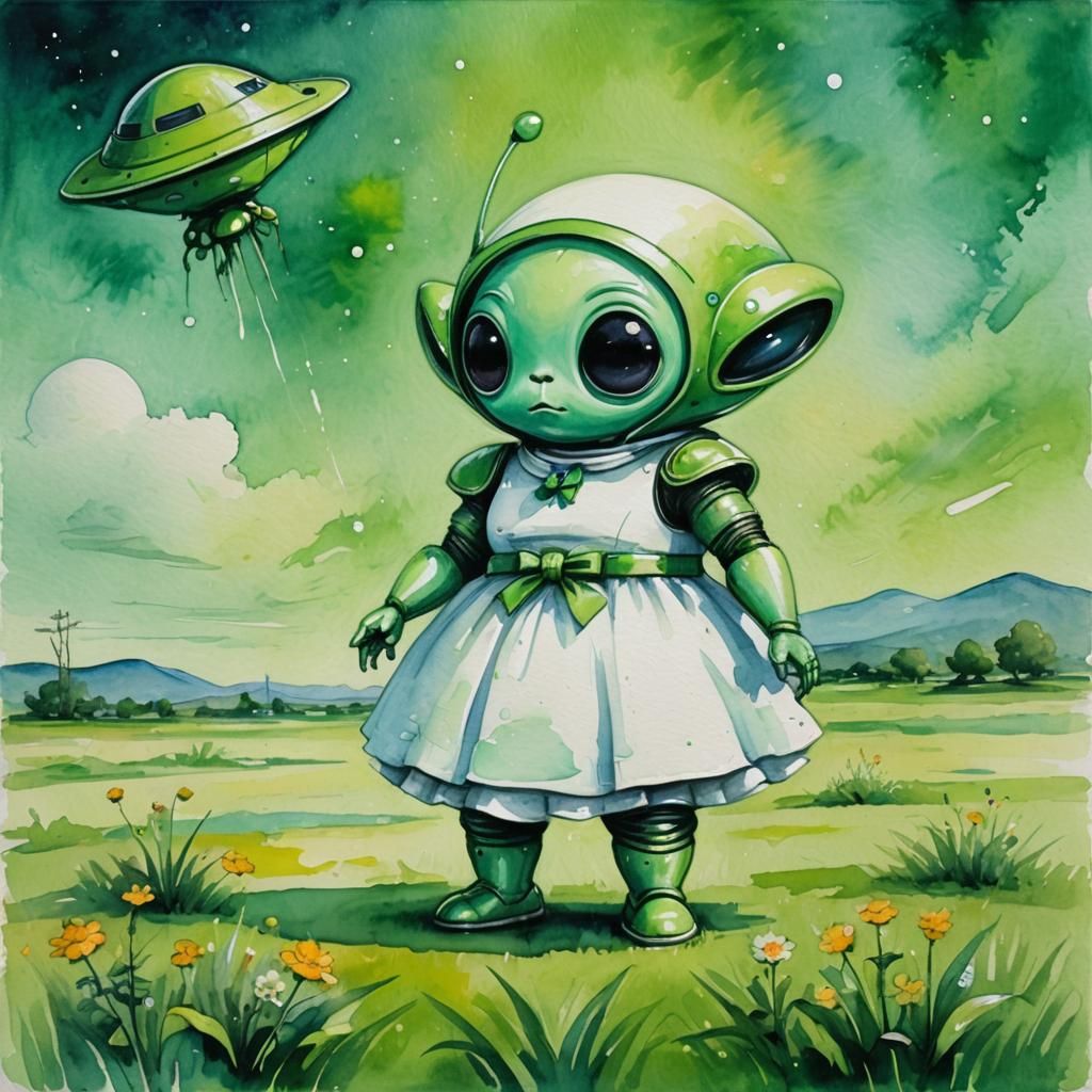 Cute Green Alien in Field with Spaceship