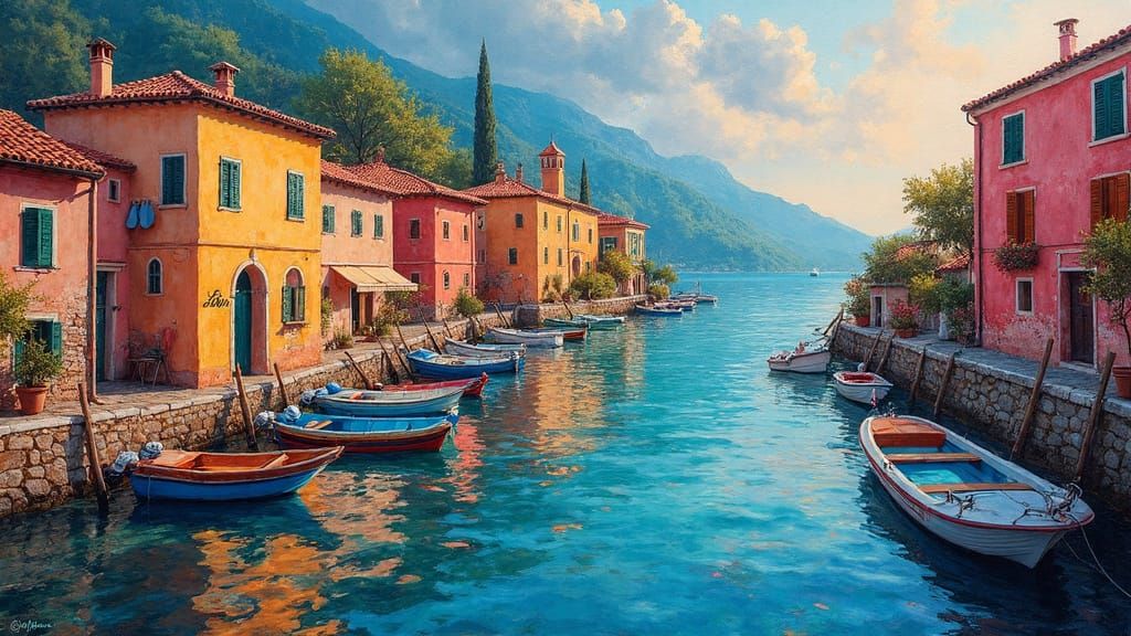 Italian Village: Whimsical Oil Painting with Warm Colors
