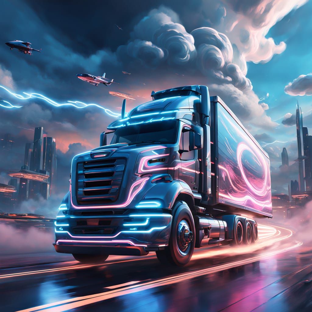 Cyberpunk Flying Truck Concept Art in Genshin Impact Style