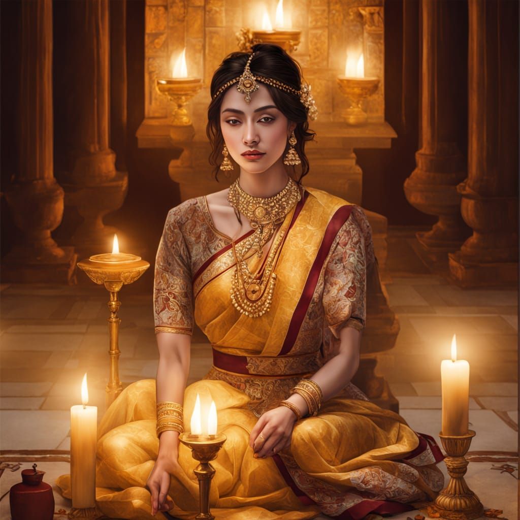 Temple Woman in Candlelight, Hyperrealistic Photography