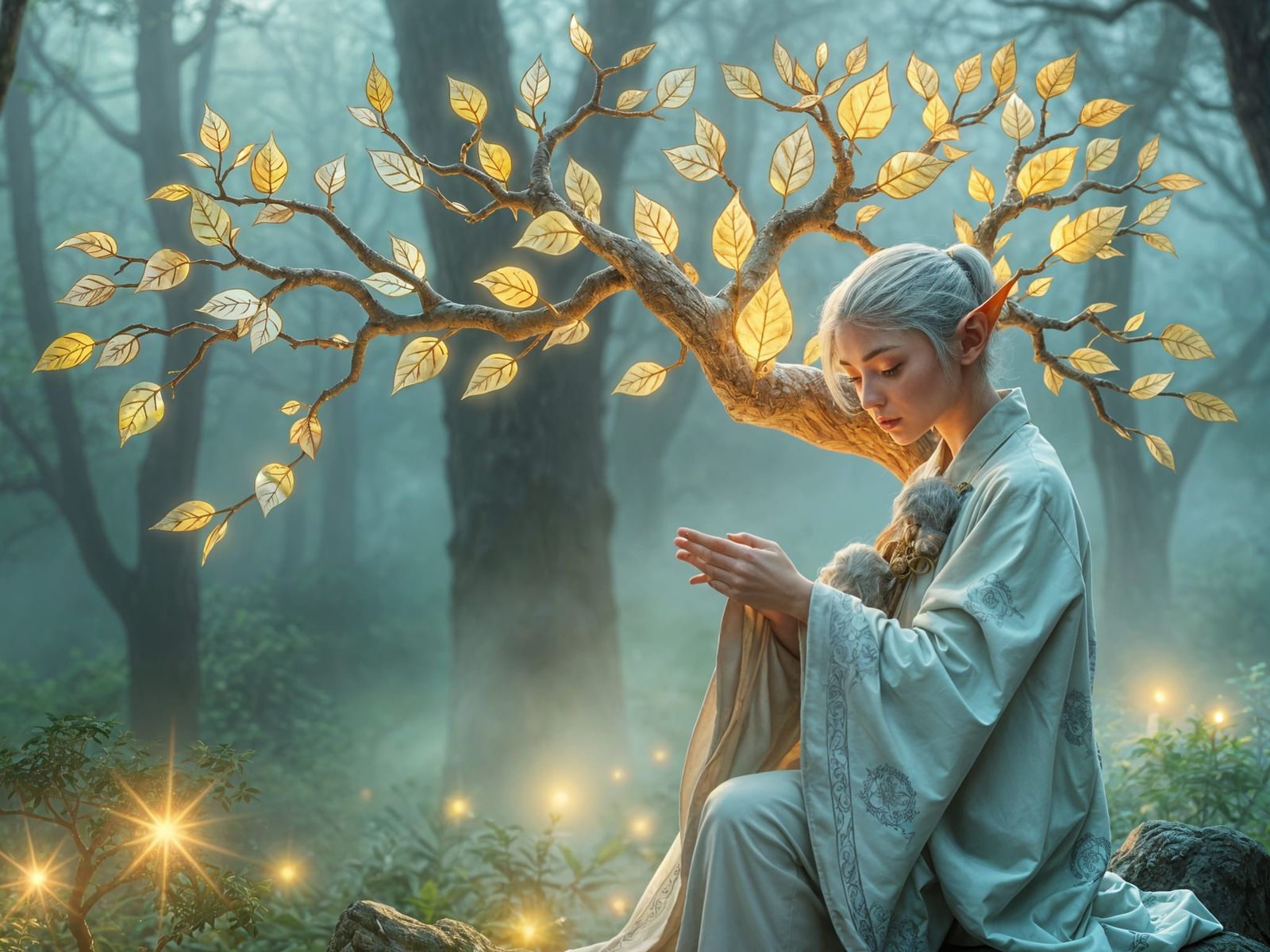 Elven Gardener Tends Magical Bonsai Tree