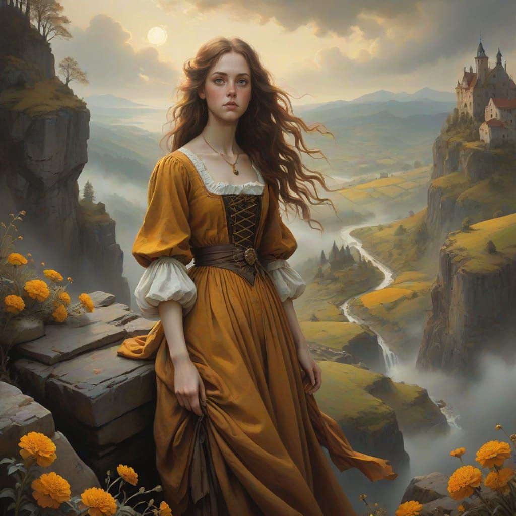 Misty Valley Woman in Baroque Oil Painting Style