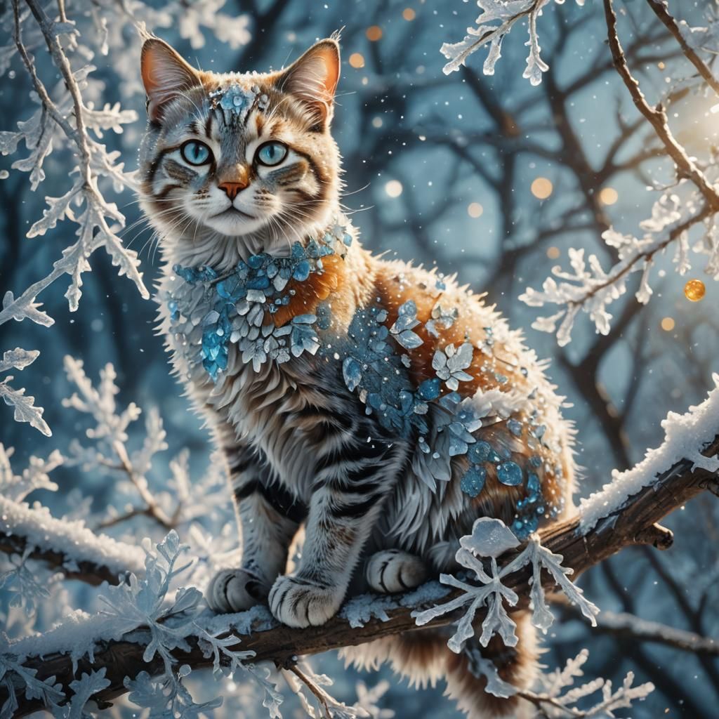 Icy Cat on Frosty Branch in Art Nouveau Style