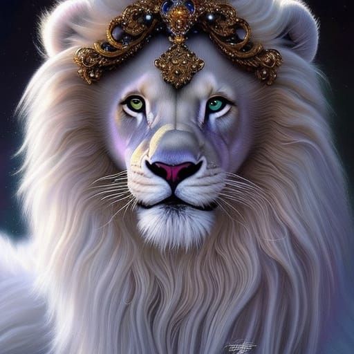 Gem-Encrusted White Lion in Neo-Impressionist Style