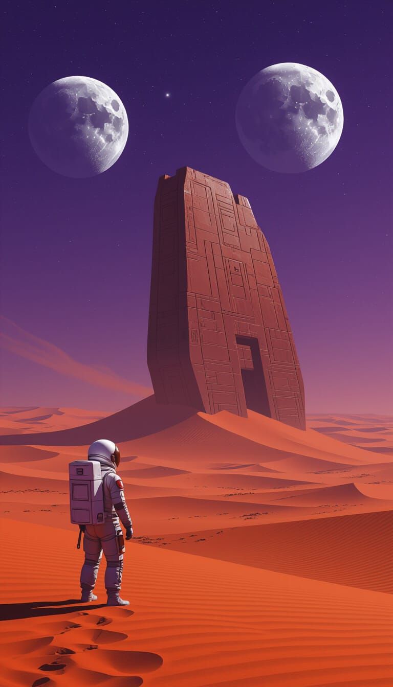 Astronaut and Alien Artifact on Crimson Planet