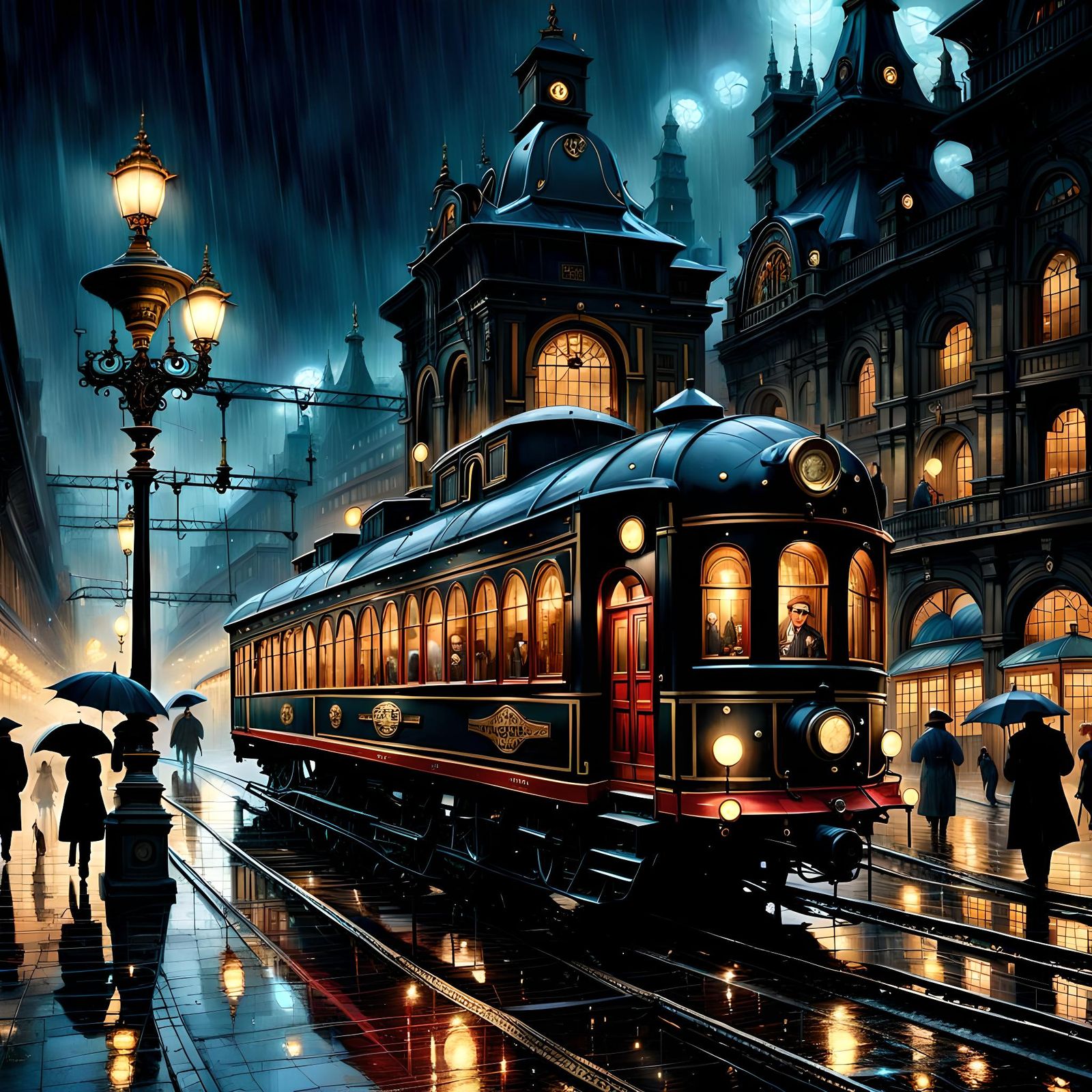 Victorian steampunk train station on a rainy night