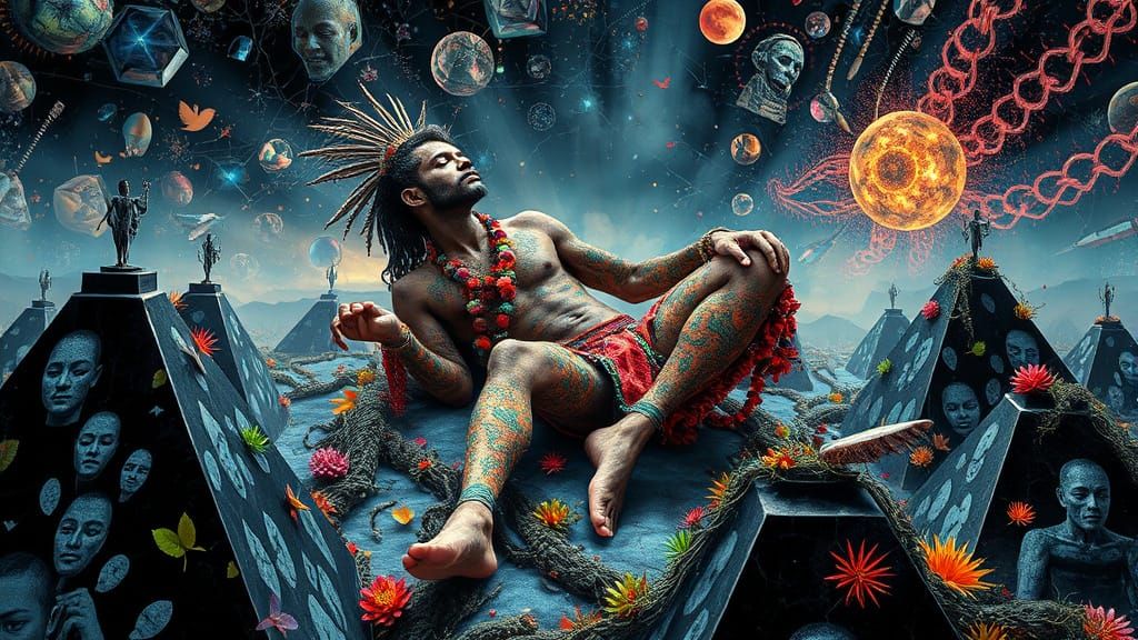 Mystical Prince Resting on Pyramids: Bio-Art Collage