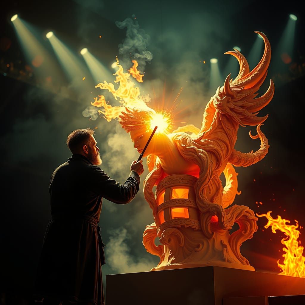 Magical Sculptor Creates Art with Wand in Cinematic Style
