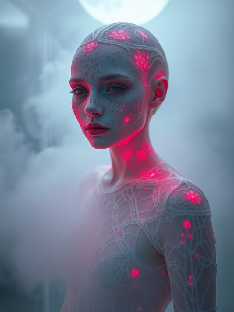 Ethereal Albino Woman in Fog and Laser Light