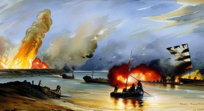D-Day Landing on Normandy Beach in Watercolor