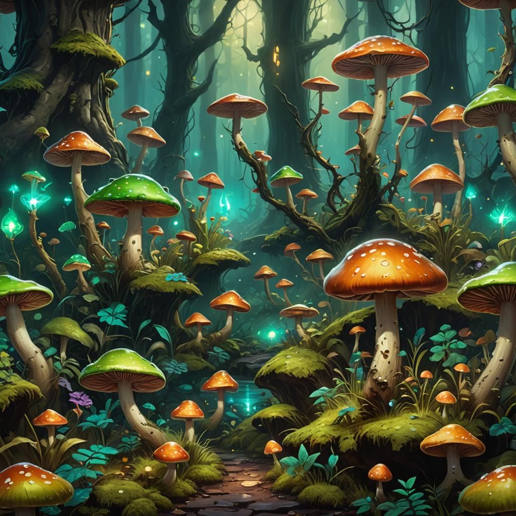 Glowing Green Mushroom Forest Oil Painting