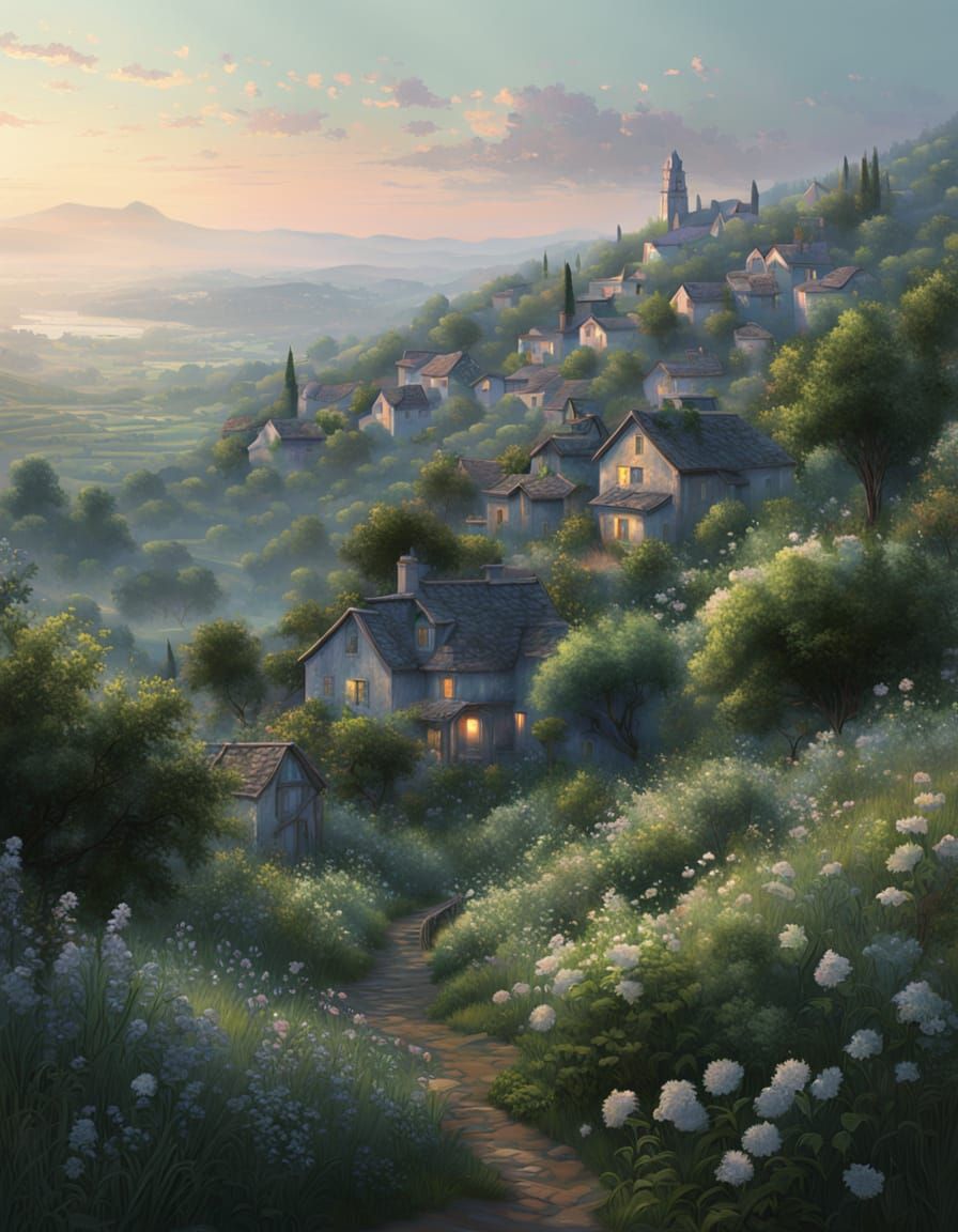 Mystical Village at Dawn in Digital Oil Painting Style
