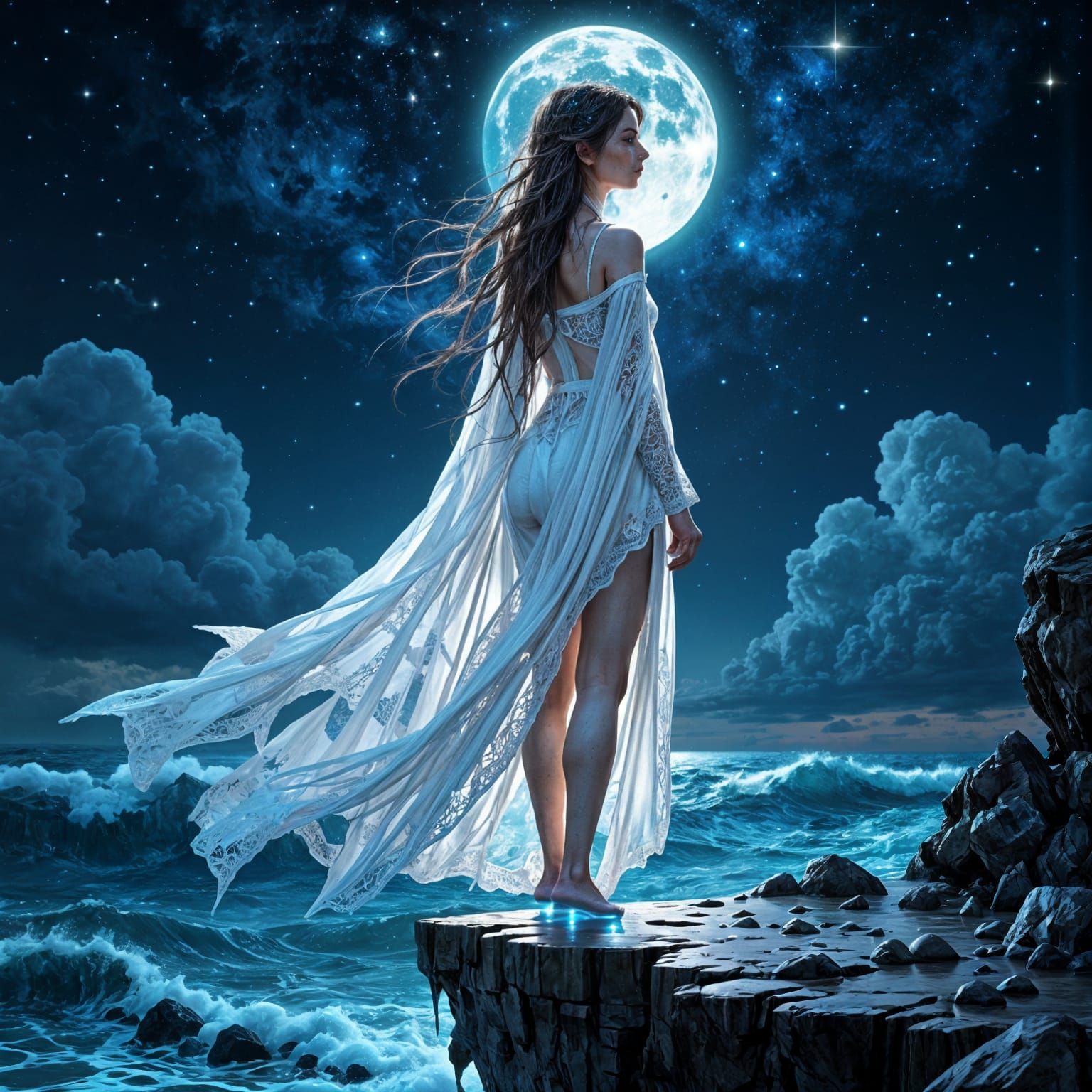 Moon Goddess Awakens in Cosmic Ocean: Fantasy Artwork