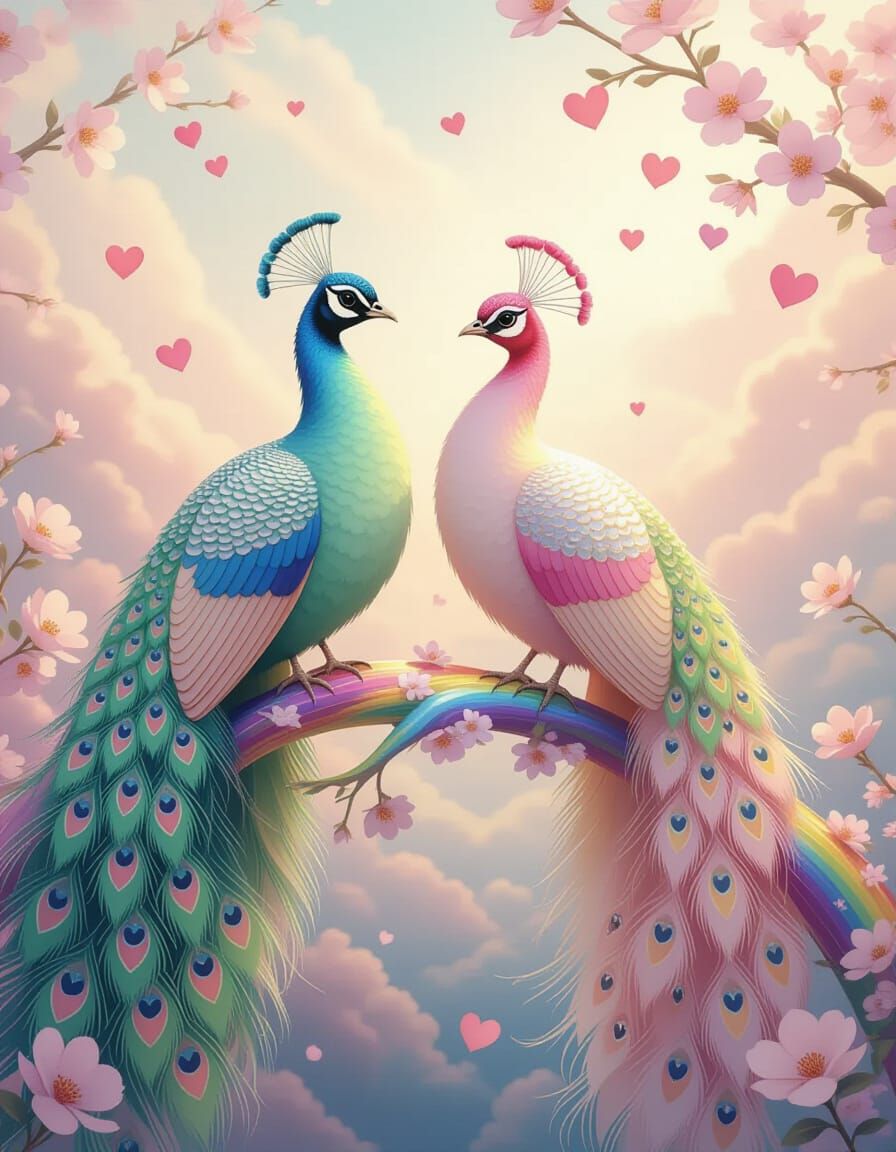 Pastel Peacocks in a Romantic Fantasy Landscape