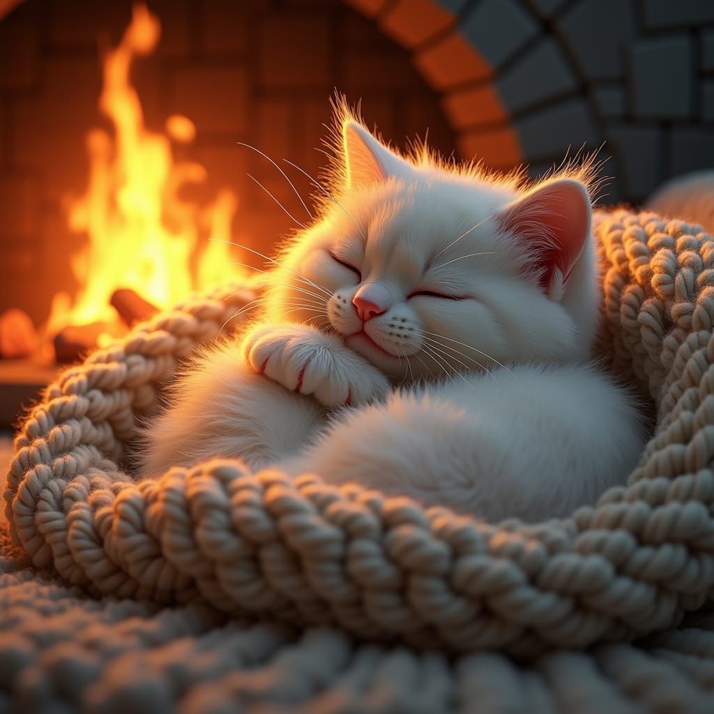Hyperrealistic Kitty Cat Curled Up by Fireplace
