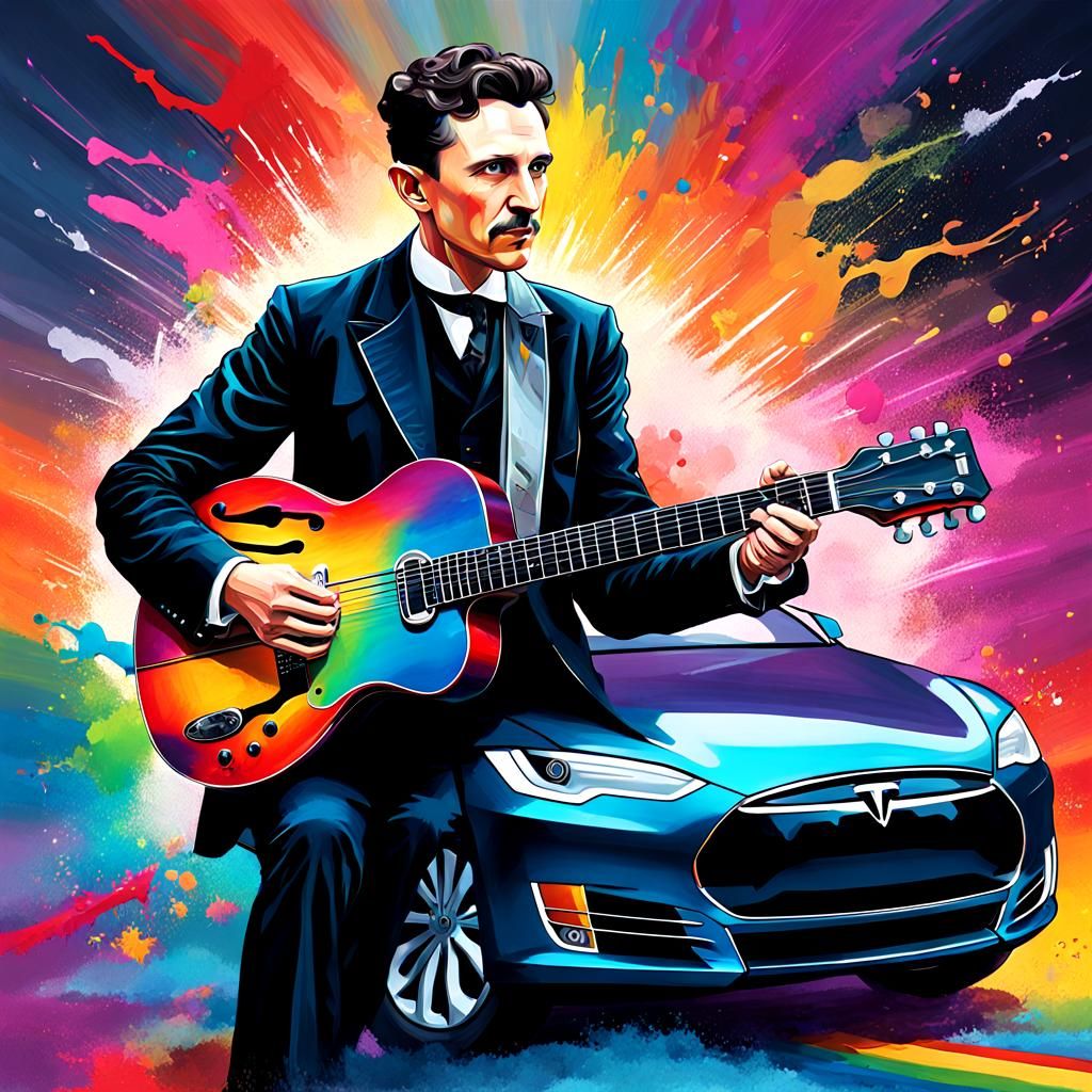 Nikola Tesla Plays Electric Guitar: Hyperrealistic Art