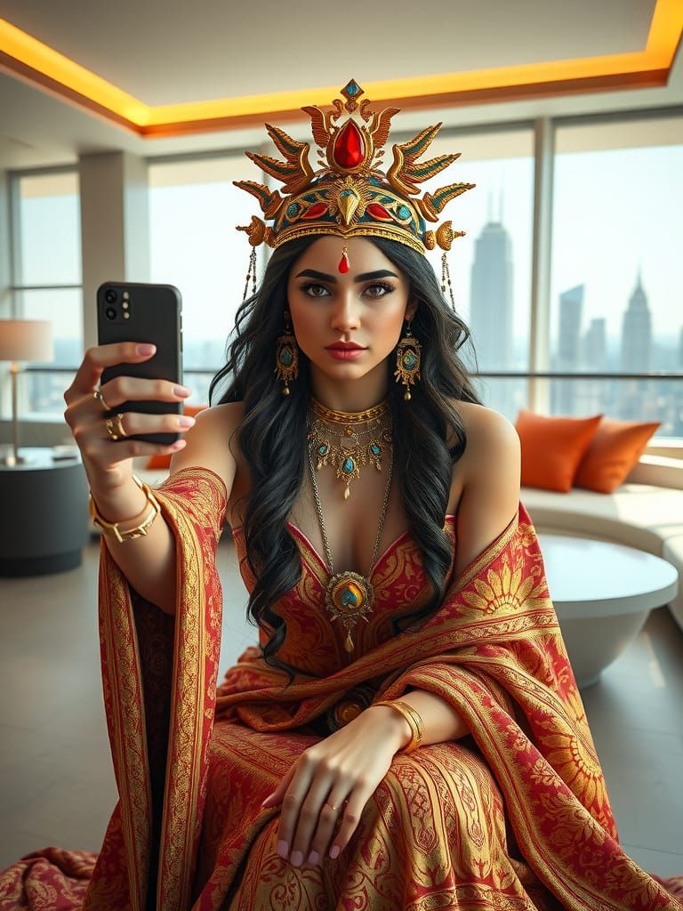 Goddess Ishtar Captivating Selfie Moment in Modern Elegance