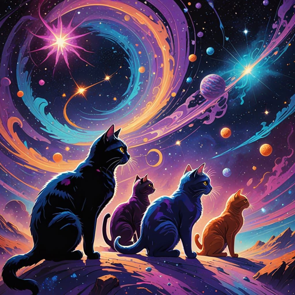 Cats Traverse Cosmic Landscape in Vibrant Digital Art