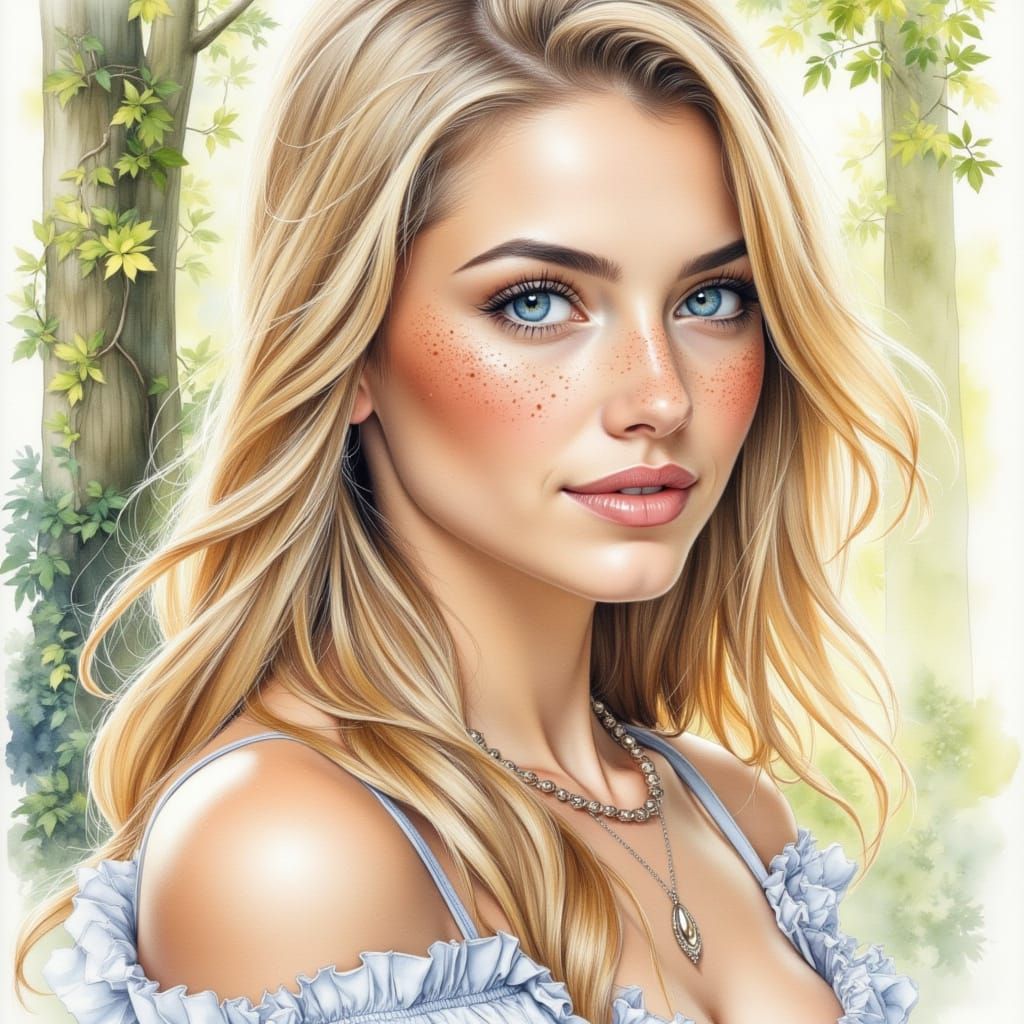 Beautiful Woman with Blonde Hair in Summer Woods