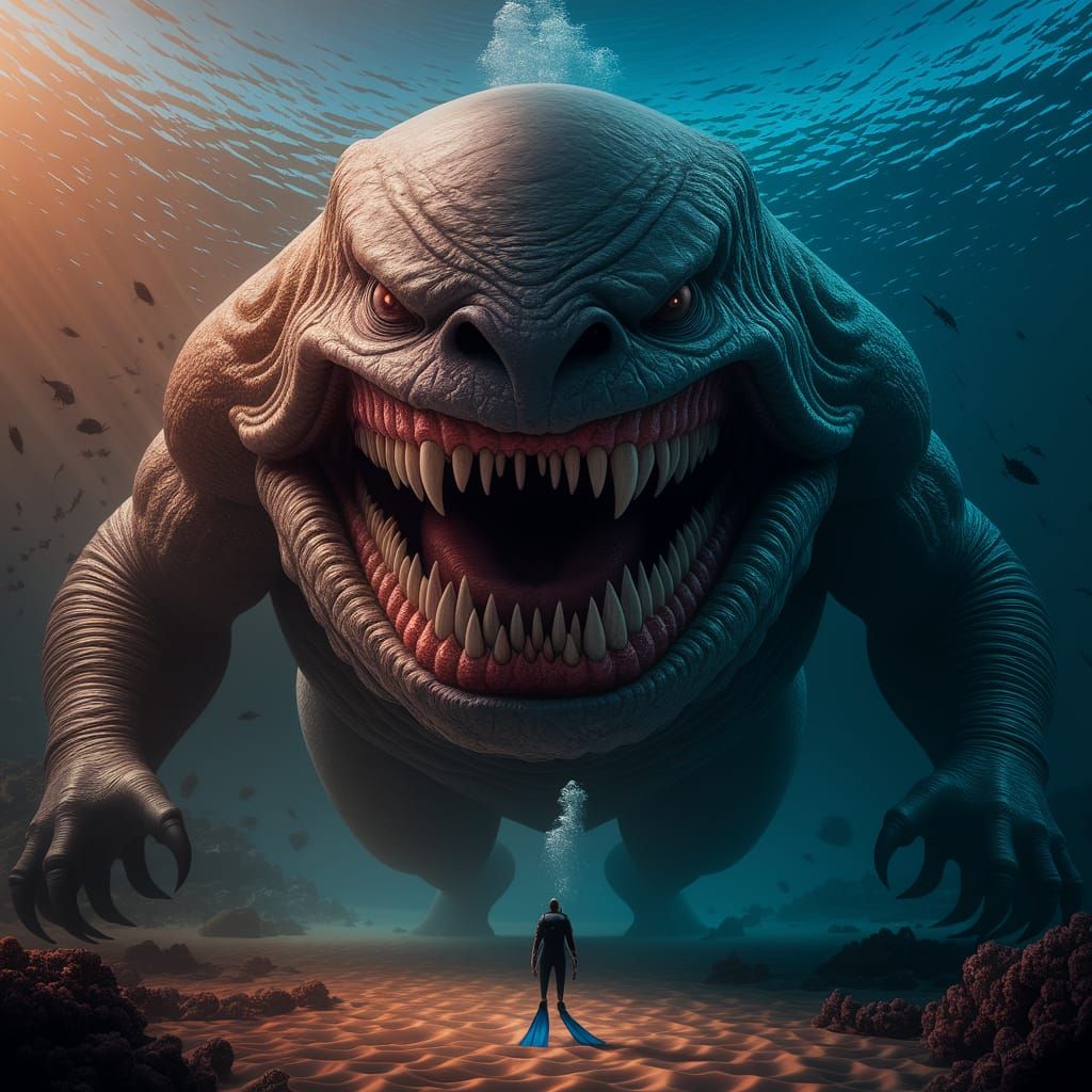 Gargantuan Sea Monster Emerges from the Depths in a Cyberpun...
