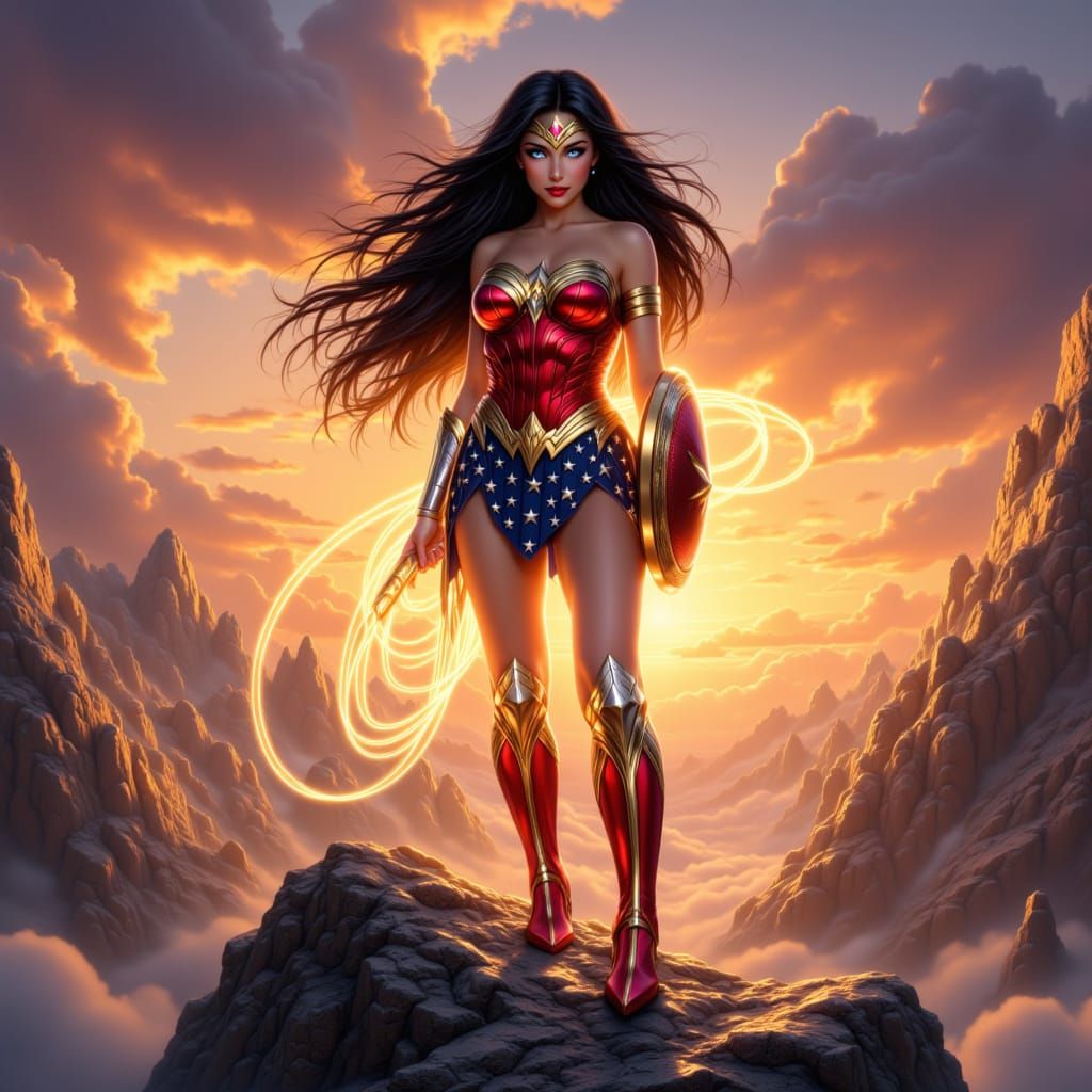 Wonder Woman-Inspired Superheroine on Rocky Cliff