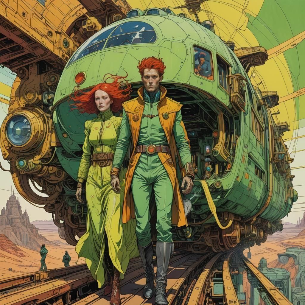 Androids on Space Train in Moebius Ligne Claire Style