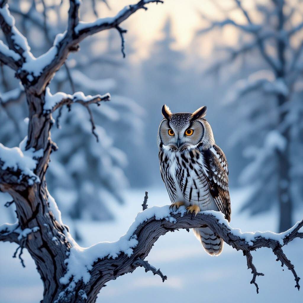 Solitary Owl in Silent Winter Forest