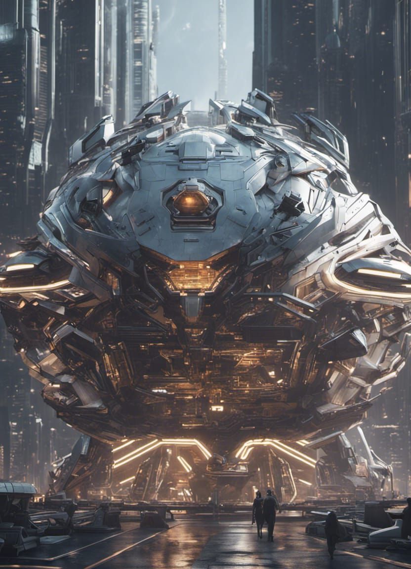 Futuristic Spaceship over Galactic Metropolis in Sci-Fi Styl...