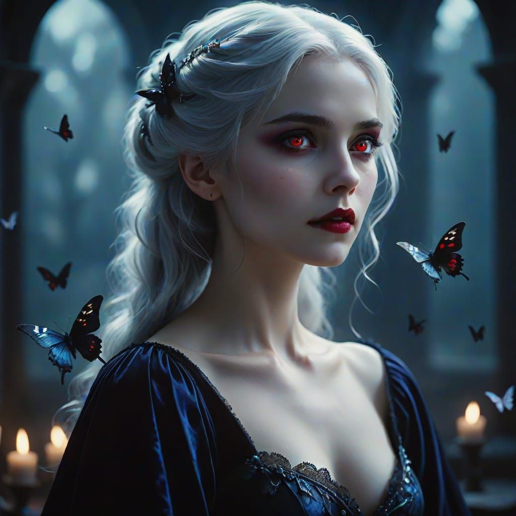 Vampire Woman Portrait with Black Butterflies