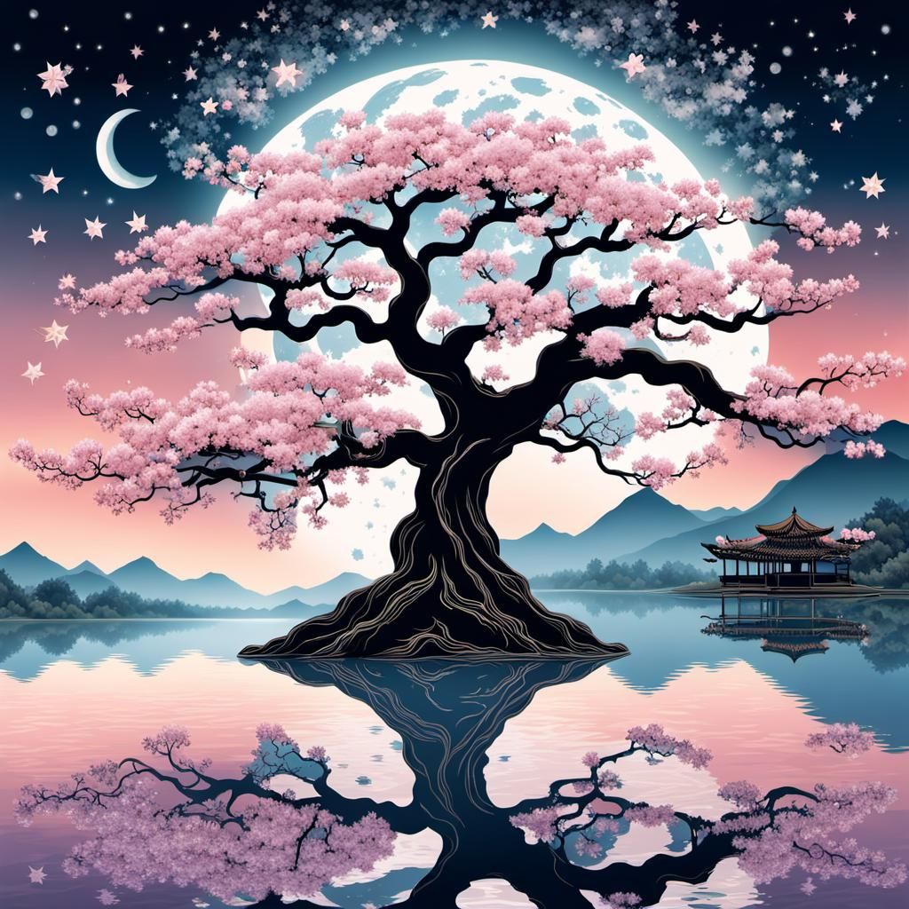 Ancient Sakura Tree with Moon and Stars
