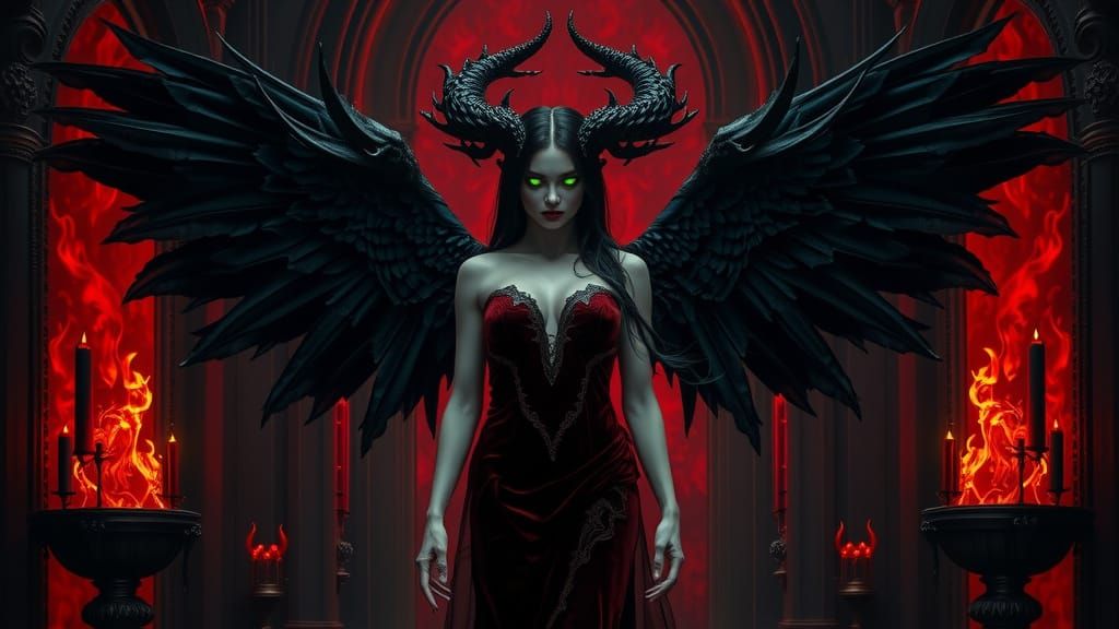 Mystical Erinyes with Raven Wings on Throne