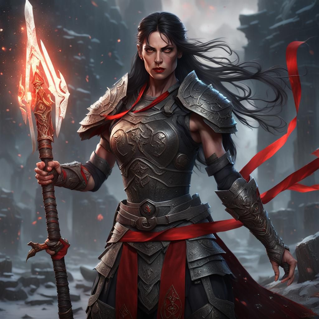 War Priestess with Double Axe in Dark Fantasy Style